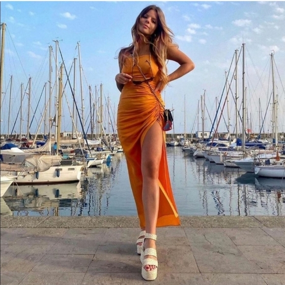 ZARA LONG SLIT DRESS  ORANGE RUCHED SIZE XS - Picture 8 of 14
